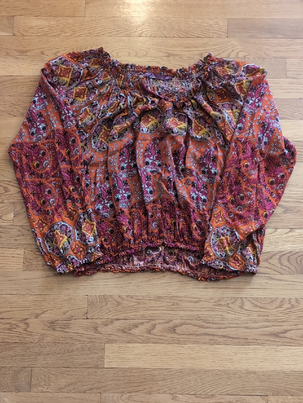 Prana Rust and Pink Paisley Smocked Peasant Blouse